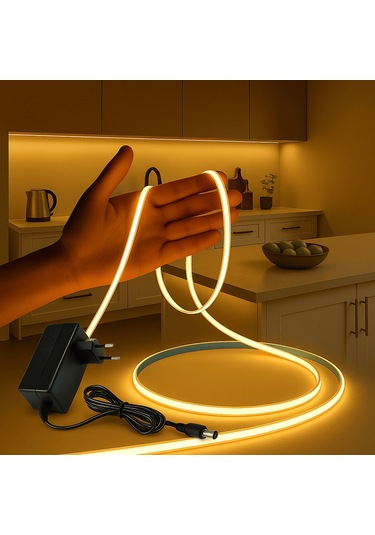 Cob Led Şerit 320/led 5m 12v Beyaz Işık 8mm Ip20 Aydınlatma Hortumu Kendinden Yapışkanlı Adaptör Dahil