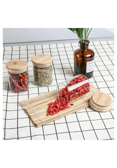 12 Adet Vakumlu Bambu Kapaklı Borosilikat Baharatlık, Saklama Kabı, Çerezlik 200 Ml Şeffaf Cam