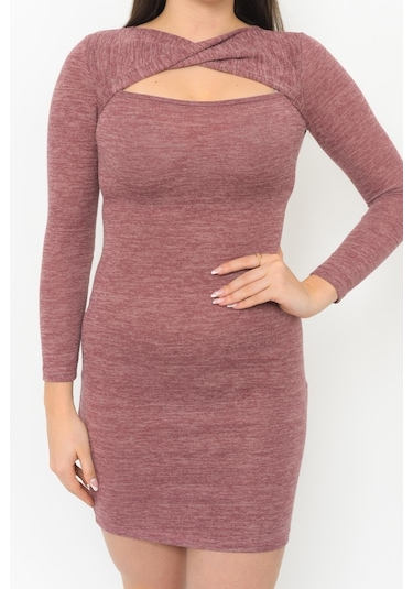 Kadın Pencereli Uzun Kol Detaylı Kısa Kışlık Triko Elbise 4463/95 001