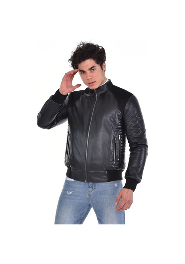 Hakiki Deri Siyah Erkek Deri Mont Kollar Ve Belden Lastikli Çift Fermuarlı Yandan Cepli Deri Ceket Siyah