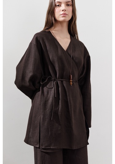 Keten Kruvaze Kapama Kimono Acı Kahve Acı Kahve