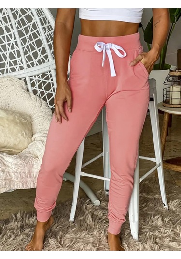 Modasize Kadın Kısa Kollu Madonna Yaka Viskon Crop Bluz Cepli Iki Iplik Eşofman Takım Pembe