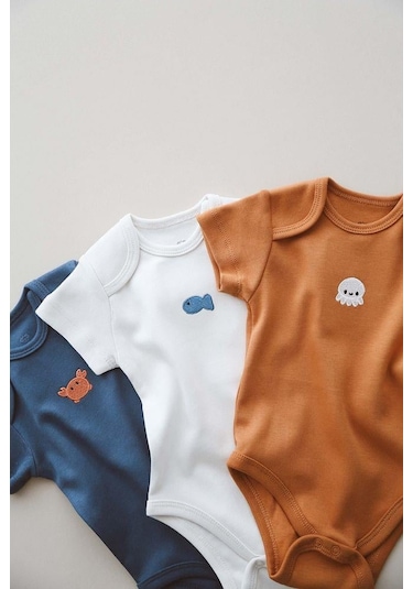 3lü Nakışlı Çıt Çıtlı Kısa Kollu Body Zıbın Model 4 Indigo