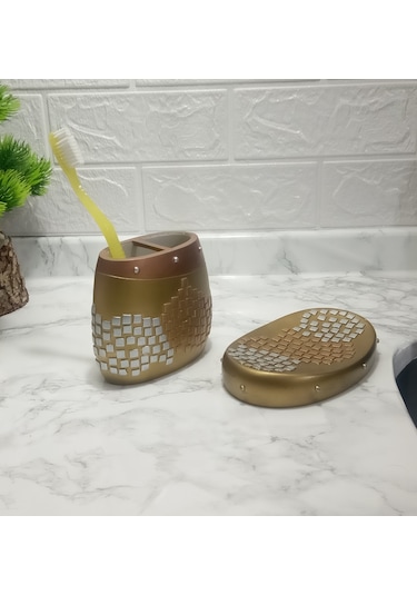 DİŞ FIRÇALIK VE SABUNLUK 2 Lİ BANYO SETİ,ALTIN MOZAİK Altın