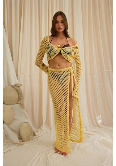 Mai Collection Rubina Sarı Triko Crop Etek Takım