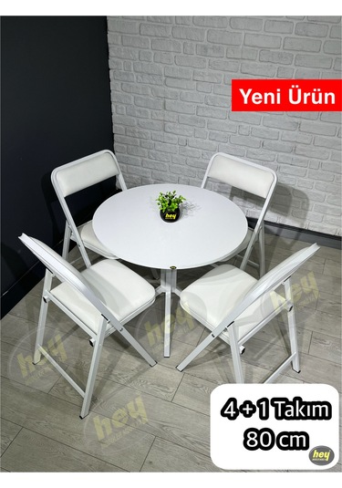 Aras 4 Kişilik Yuvarlak Mutfak Yemek Masası Takımı 4+1 Beyaz Deri 80 Cm Beyaz