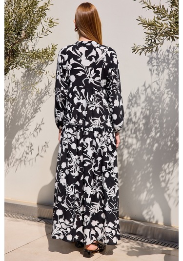 Bigdart Kadın Siyah Beyaz Viskon Tesettür Elbise 2423 001
