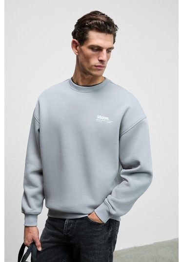 Ernest Erkek Organik Pamuklu Yumuşacık Baskı Detaylı Bisiklet Yaka İçi Polarlı Açık Gri Sweatshirt