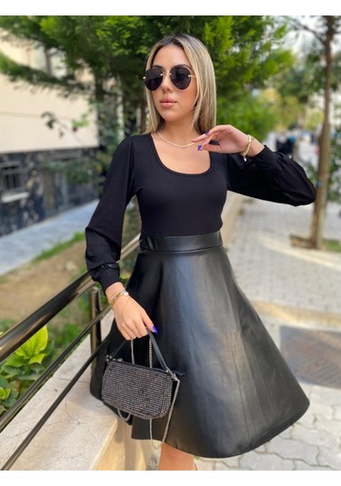 Stilaura Kadın Uzun Kollu Üst Viskon Alt Kloş Deri Elbise Siyah