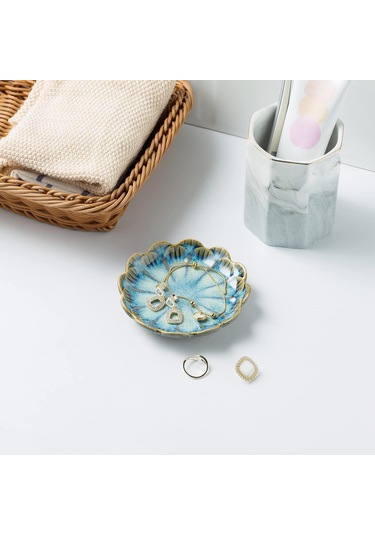 Springsun Klasik Mavi Seramik Dekoratif Saklama Tabağı - Yüzük, Küçük Eşya Ve Anahtar Depolama Kabı - Kaliteli Glaze İle Üretildi Mavi