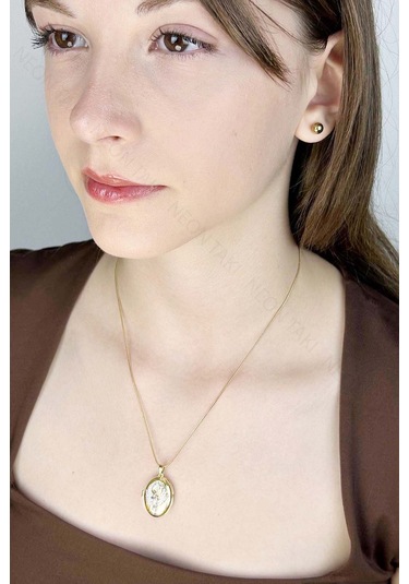 Zirkon Taşlı, Alya, Kapaklı, Paslanmaz Çelik Kolye 424, Altın Renk Altın