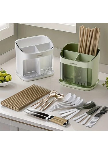 Fochsia Yeşil Duvara Monte Veya Tezgah Üstü Plastik Çatal Bıçak Saklama Kutusu - Büyük Kapasiteli Sökülebilir Kapak Yeşil