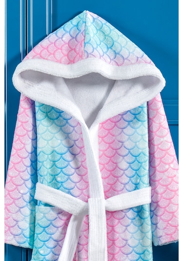 Balık Pulu Dijital Baskılı Çocuk Bornozu Pembe - Mavi