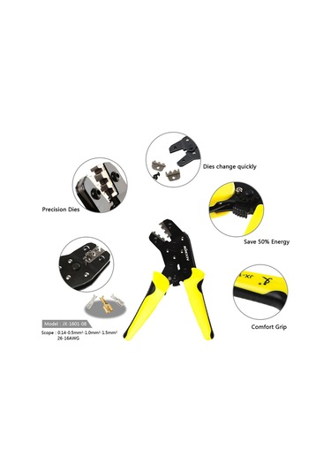 Geeksen Endüstriyel Ratchetlı İletken Pres Aleti, 0.14-1.5mm² Aralığında, Ergonomik Tasarım, Yüksek Karbon Çelik, Kolay Kullanım, Kesin Presleme Sarı