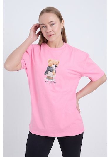 Velvoria Oversize Kadın Here For You Baskılı Pembe Renk T-shirt