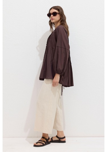 Nervür Detaylı Vual Tunik Kahverengi