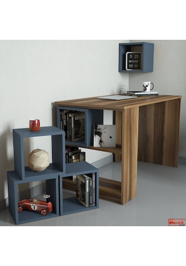 Variant Box Kitaplık Ve Çalışma Masası Takımı - Ceviz / Mavi