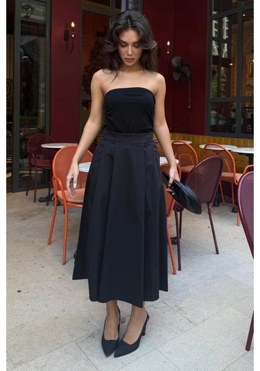 Siyah Pileli Cepli Kadın Midi Boy Etek Mg2536 Siyah