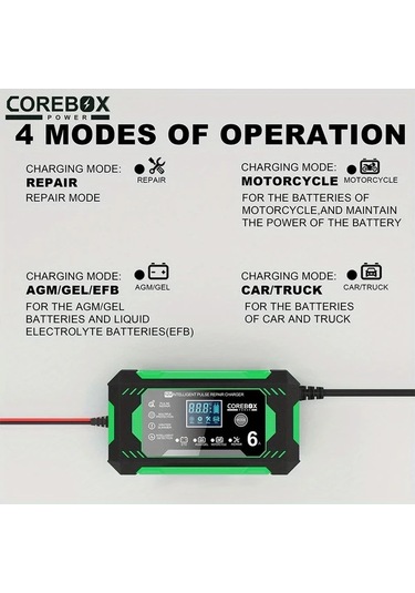Xuweiwei Yeşil Lcd Ekranlı 12v 6a Araba Akü Şarj Cihazı Agm Derin Döngü Gel Kurşun Asit Ve Lityum Demir Fosfat Aküler İçin İdeal Akü Dahil Değil