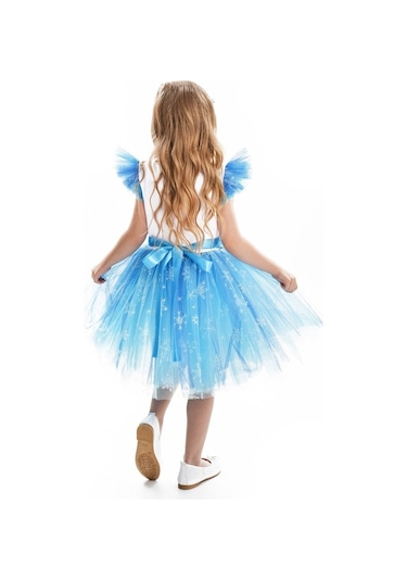 Elsa Karlar Kraliçesi Kar Taneli Taçlı Kız Çocuk Parti Elbisesi