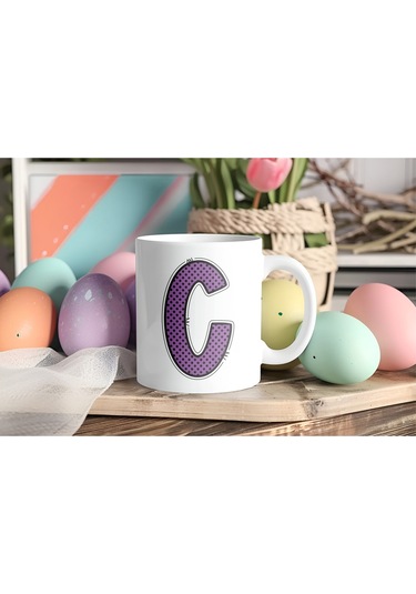 C Harfi Mor Puantiyeli Kupa Bardak - Polka Dot Tasarım Kahve Çay Bardak - Kişiye Özel Hediyelik Beyaz