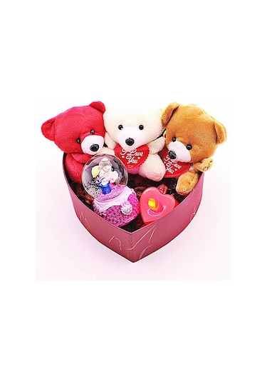 Sevgiliye Eşe Sürpriz Hediye Mini Ayıcıklar ve Aşıklar Kar Küresi Temalı Led Mumlu Kutu Orta Boy