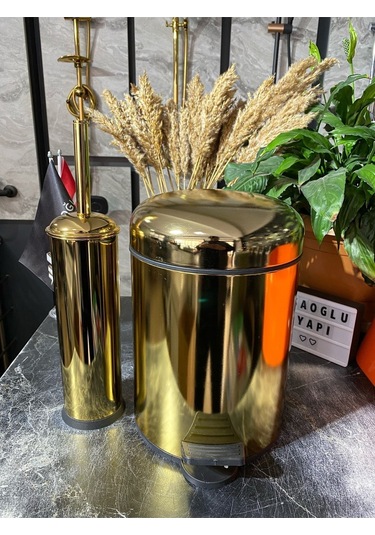 İsaoğlu Yapı Parlak Gold Altın Banyo Çöp Kova Ve Fırça Seti Gold Altın
