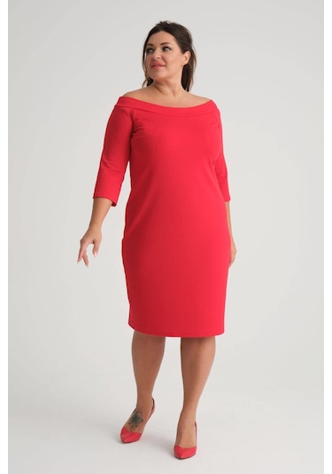 Kadın Kırmızı Carmen Yaka Truvakar Kol Büyük Beden Esnek Krep Elbise-kırmızı Kırmızı