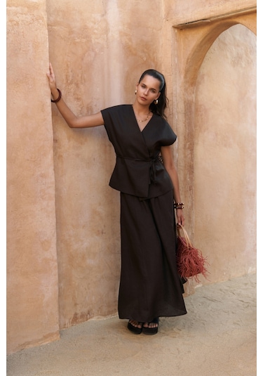 Fiametta Salaş Acı Kahve Keten Yelek Etek Takım Acı Kahverengi