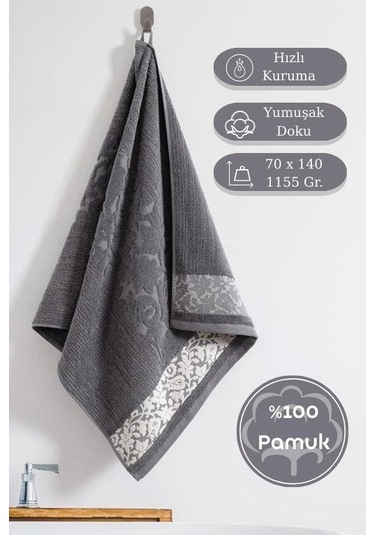 Pamuk Tekli Havlu Jakarlı Karna Premıum Stella - 70 X 140 Gri