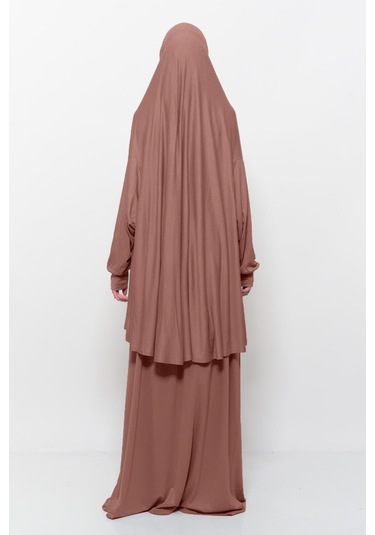 Pratik 2 Parça Pamuklu Yarasa Kollu Başörtülü Tesettür Namaz Elbisesi Toprak Antrasit