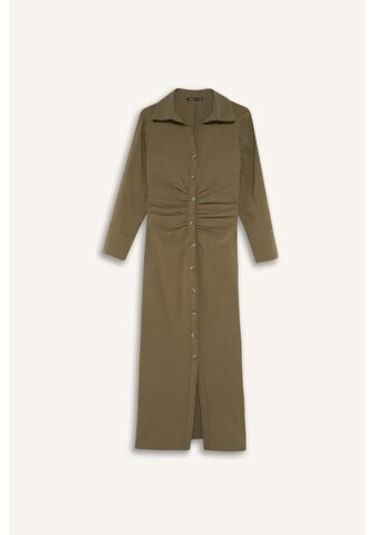 Defacto Gömlek Yaka Basic Düz Düğmeli Belil Büzgülü Bengalin Yarım Kollu Elbise D4560AX24AUKH419 Haki