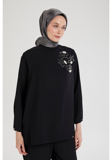 Armine Trend Kolları Düğmeli Taş Desenli Tunik-siyah 25yt443 Siyah