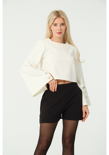 Düğme Detay Crop Bluz Beyaz BEYAZ Beyaz