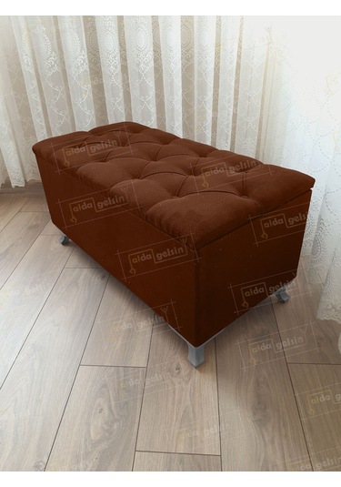 Lüks Sandıklı Kapitoneli Ayakucu Puf Bench 100 Cm Gümüş Ayak Kahve