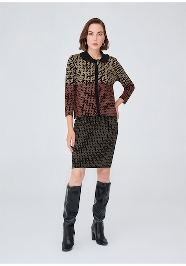 Peraluna Geometrik Desen Jakarlı Kısa Kadın Triko Etek Siyah Siyah