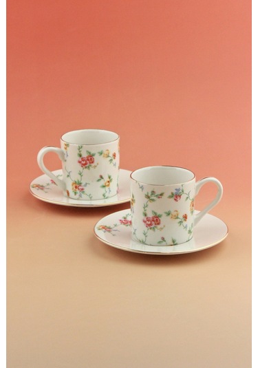 Mine Çiçeği Altın Yaldızlı İki Kişilik Kahve Fincan Takımı Beyaz