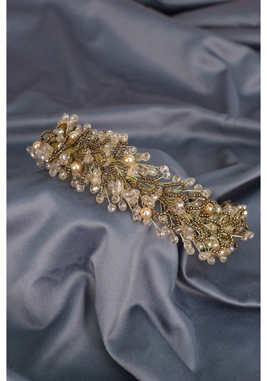 FdayAksesuar Gelinlere Özel Bakır Renk Kristal Ve Kum Boncuklu Gelin Saç Ve Türban Aksesuarı FRDY31534