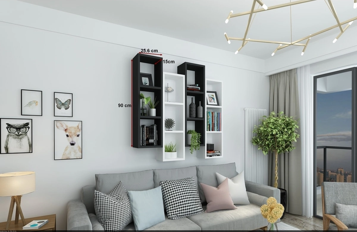 Kitaplık Modern Ev Duvar Rafı Siyah Beyaz 4 Lü Takım Siyah-beyaz