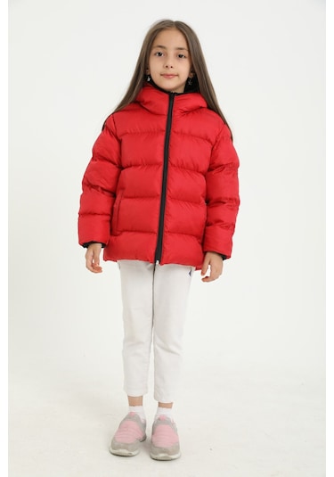 Kız Çocuk Kırmızı İçi Polarlı Kapüşonlu Su Geçirmez Rüzgara Dayanıklı Cepli Şişme Kışlık Mont Kırmızı