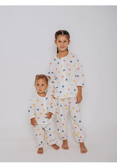 Ruandı Çocuklar İçin Kalp Desenli Müslin Pijama 262914557 Beyaz