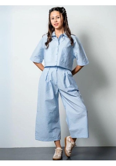 Kız Çocuk Crop Gömlek Poplin Pantolon Takım-15793 Mavi