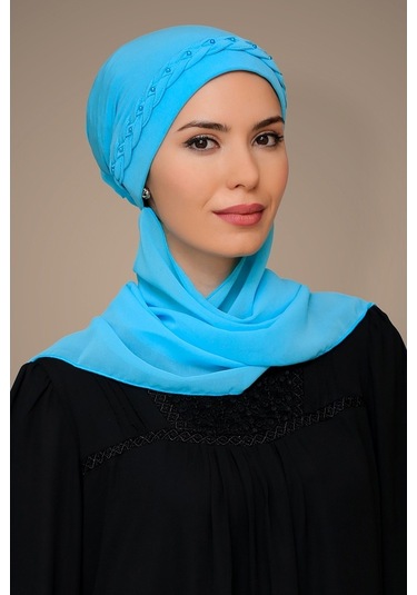 Bebe Mavisi Pratik Hazır Geçmeli Tesettür Bone Sandy Kumaş Örgülü Çok Renkli