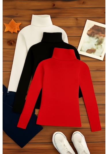 3'lü Paket Kadın Basic Tam Balıkçı Yaka Kazak Çok Renkli-4