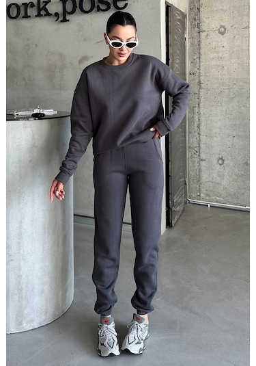 Modagen Antrasit Bisiklet Yaka Düz Oversize Alt-üst Eşofman Takımı Antrasit