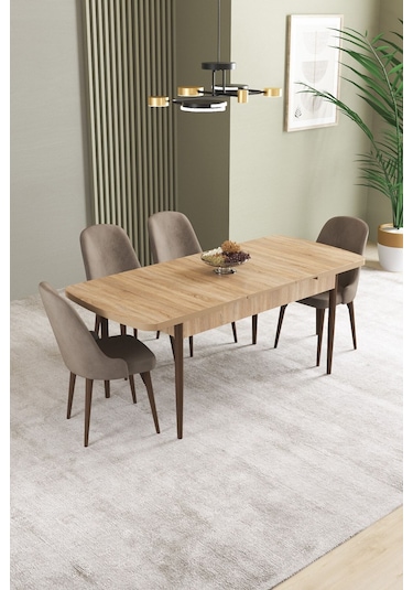 Ikon Meşe Desen 80x132 Mdf Açılabilir Mutfak Masası Takımı 4 Adet Sandalye Cappucino