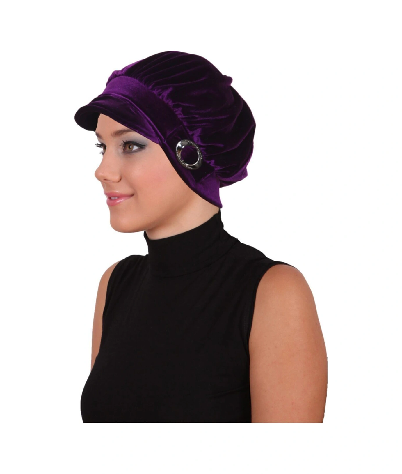 Kadife Şapka Toka Detaylı Mor Hazır Türban Tesettür Bone Mor