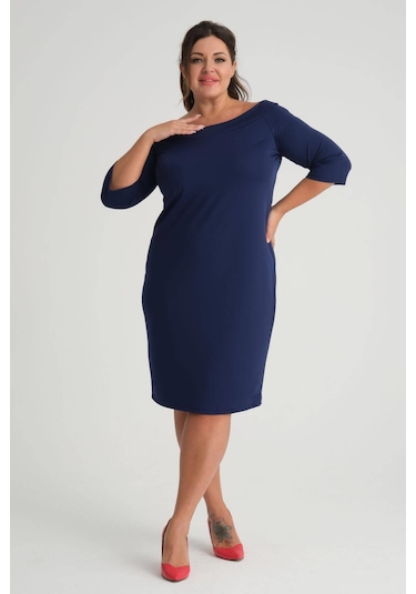 Kadın Lacivert Carmen Yaka Truvakar Kol Büyük Beden Esnek Krep Elbise-lacivert Lacivert