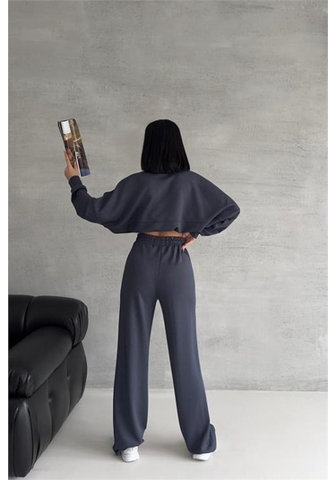 Neşeli Butik Kadın Likralı Yazlık Kumaş Çımalı Eşofman Takımı Nbg001 Antrasit