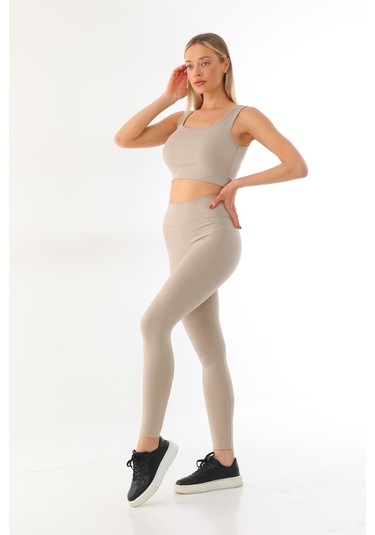 Kallima Bej Toparlayıcı Yüksek Bel Fitilli Spor Tayt-crop Takım